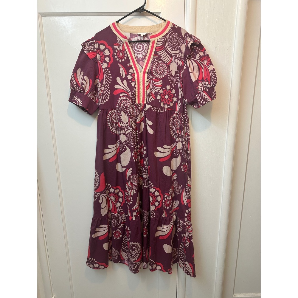 Entro Purple Paisley Floral Cotton Midi Dress Split V-Neck Ruffle XL D27146P